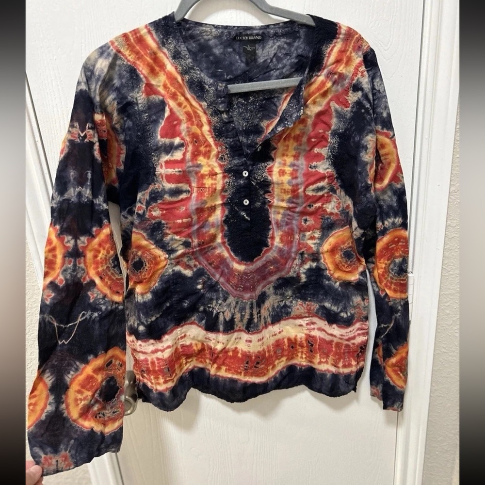 Lucky Brand 100% Cotton Woman’s Tie Dye Long Sleeve Blouse Boho Top Size Large